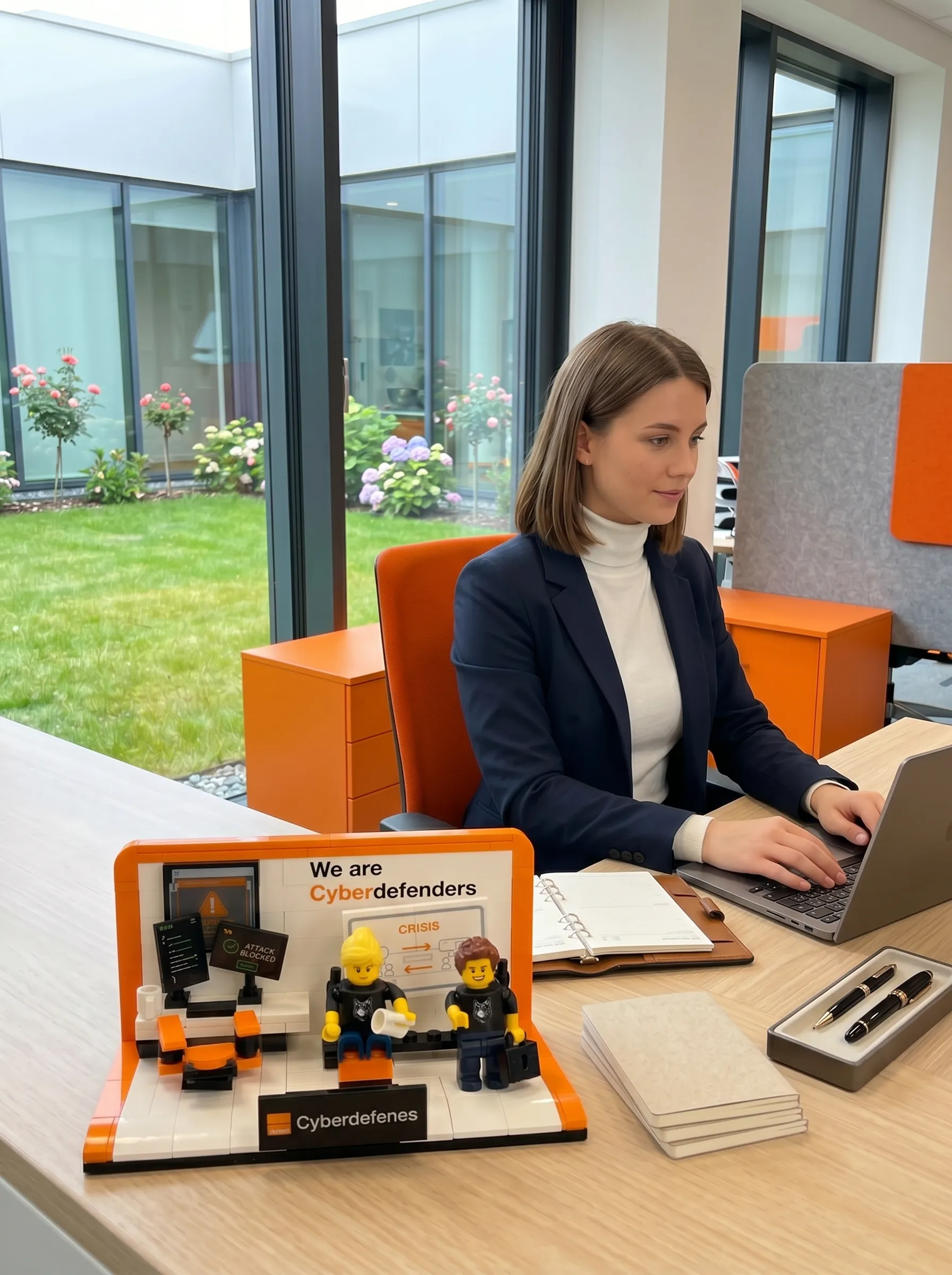 Diorama brandizzato in mattoncini esposto sulla scrivania di un ufficio, mentre una professionista lavora al laptop sullo sfondo