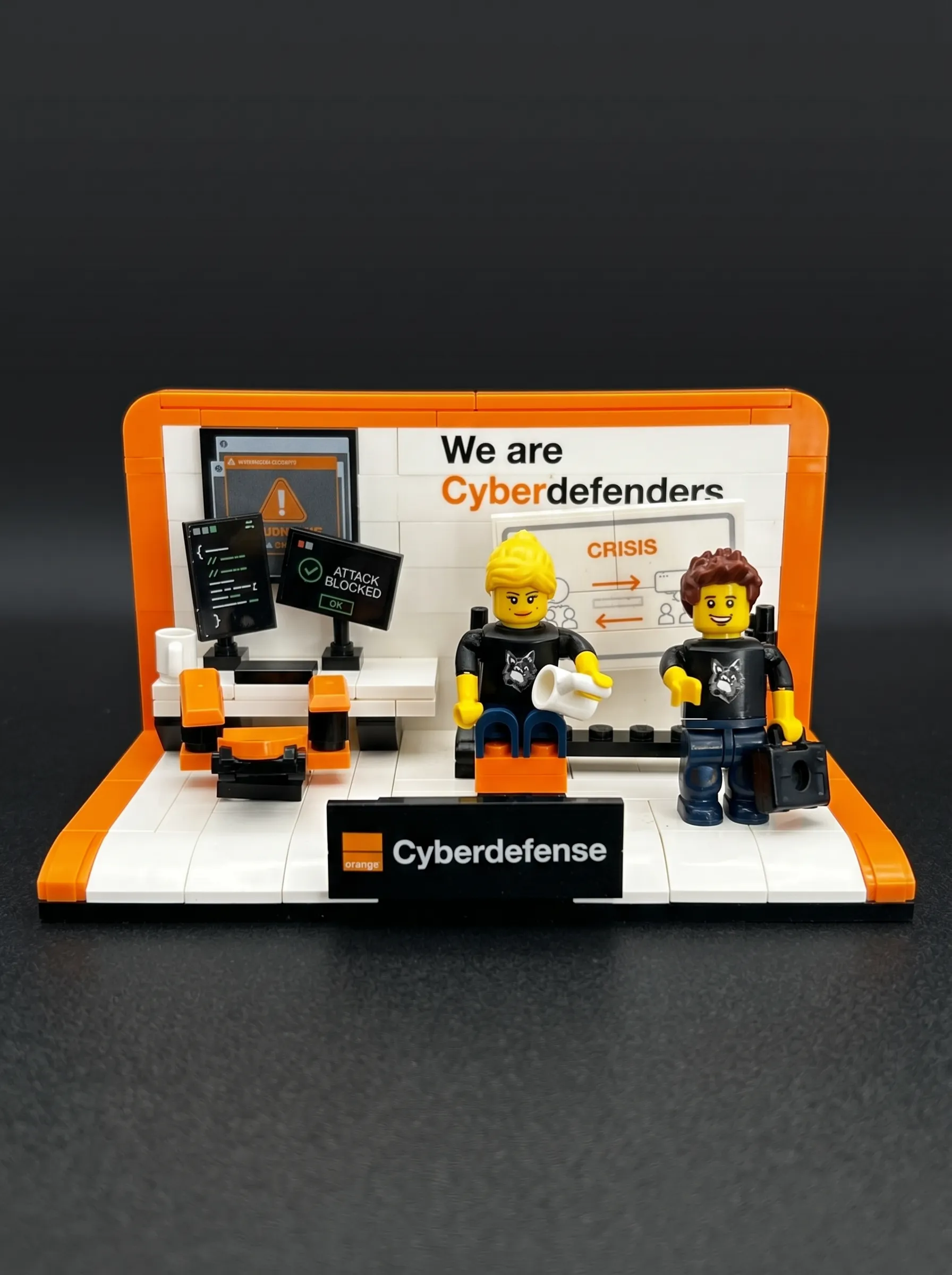 Diorama brandizzato in mattoncini illuminato su fondo scuro: una scena d’ufficio con minifigure e schermi, presentata come installazione d’impatto