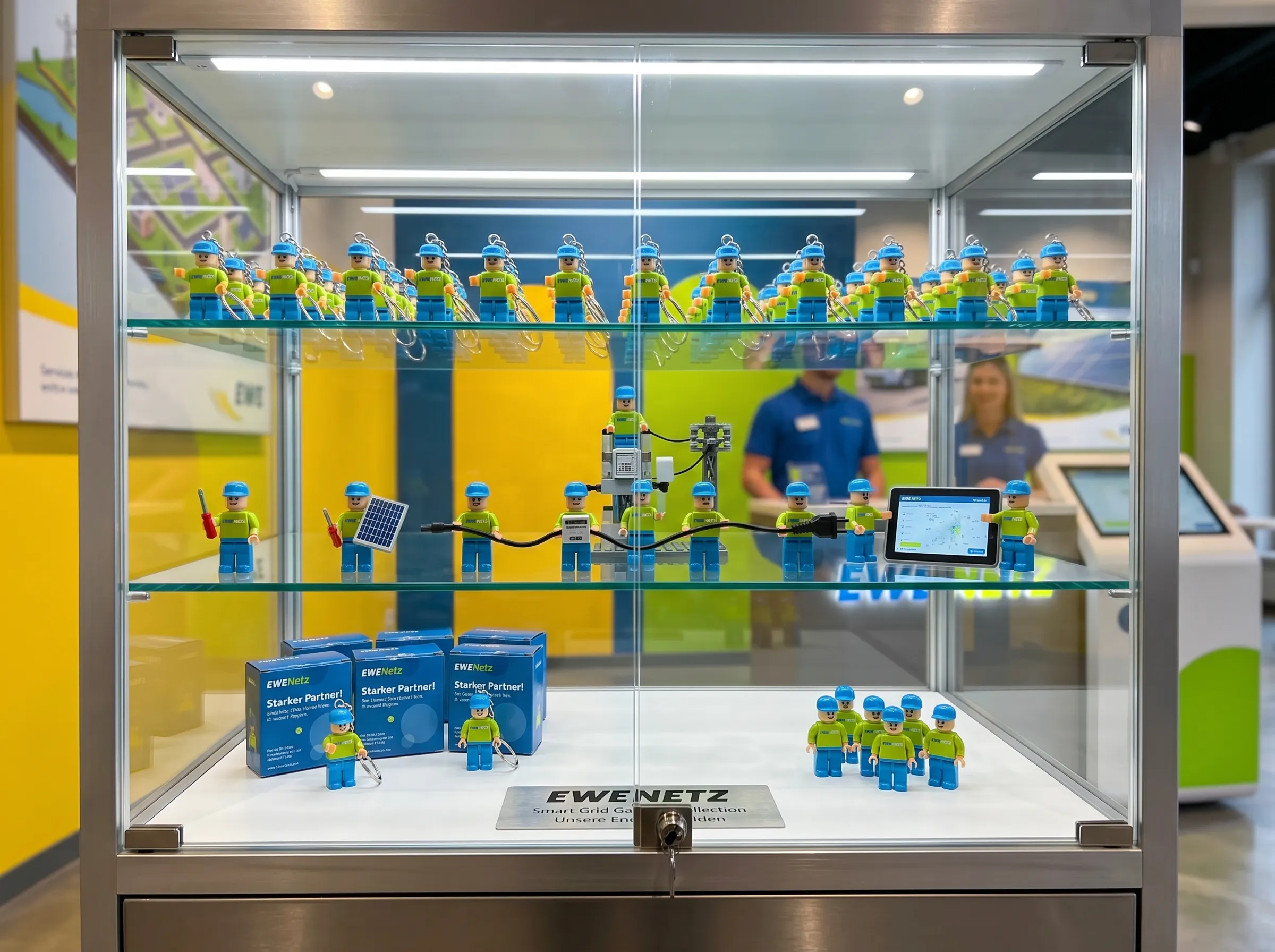 Vetrina espositiva in uno showroom con minifigure brandizzate e un diorama in mattoncini