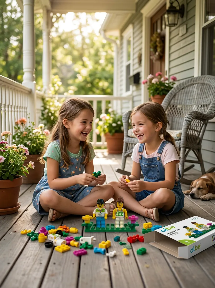Due bambine sorridenti giocano con mattoncini colorati e minifigure brandizzate su un portico