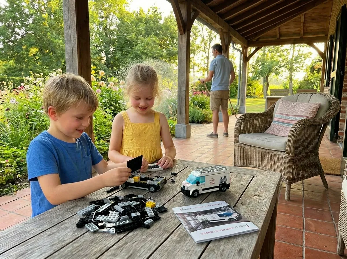 Bambini e un adulto costruiscono insieme un modello in mattoncini brandizzato attorno a un tavolo da giardino